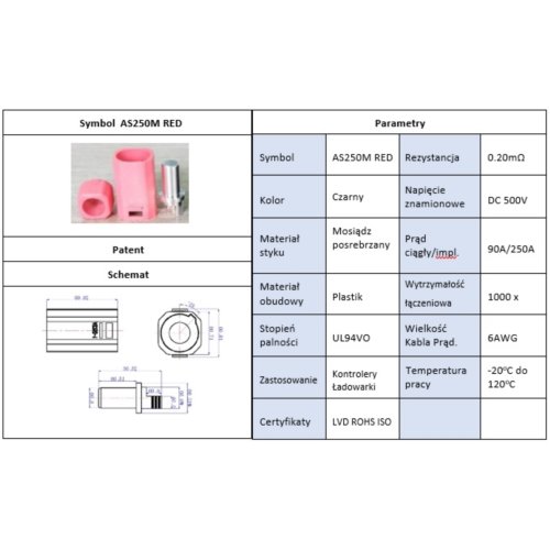 Złącze Amass AS250-M red męski 90A 8mm  