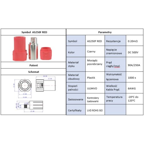Złącze Amass AS250-F red żeński 90A 8mm 